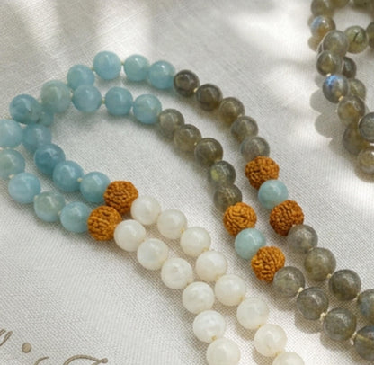 Intuitive Healing Mala Beads  Aquamarine, Moonstone & Labradorite  108 Knotted Meditation Necklace  Calming Spiritual Jewelry Gift