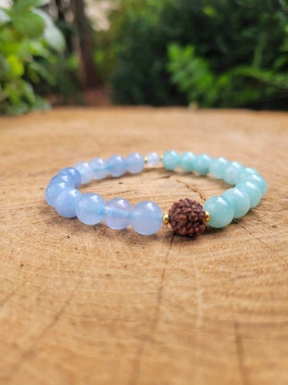 Serenity Mala Bracelet, Amazonite Aquamarine Rudraksha Moonstone Gemstones, Spiritual Gift