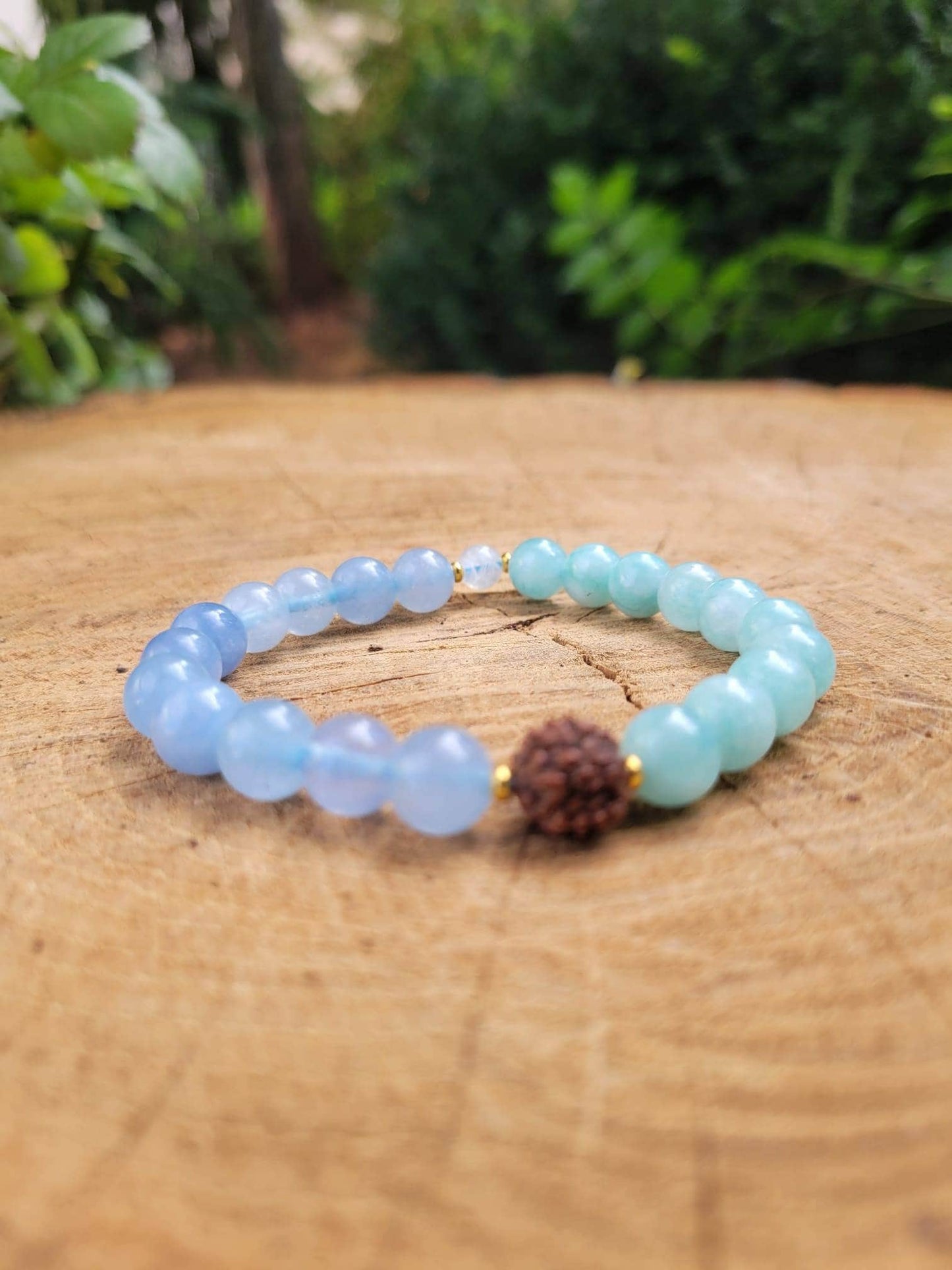 Serenity Mala Bracelet, Amazonite Aquamarine Rudraksha Moonstone Gemstones, Spiritual Gift