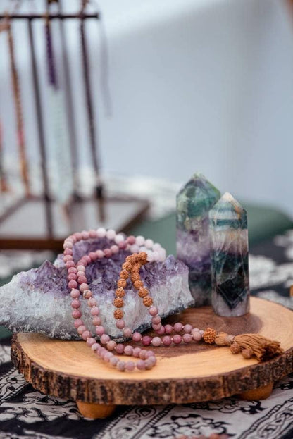 Self-Love Mala, Rose Quartz and Rodochrosite Gemstone Necklace, 108 Mala Beads, Yoga Gift