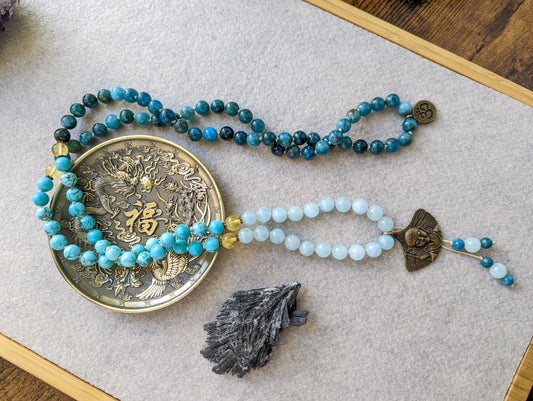 SPIRITUAL CONNECTION Mala, Buddha Brass Pendant, 108 Mala Beads, Blue Stone Necklace