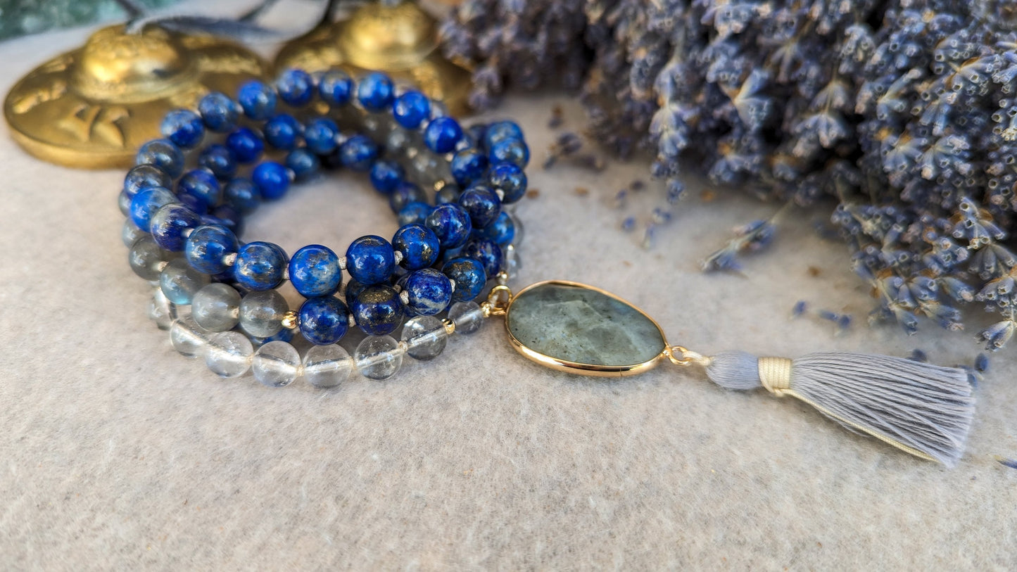 Lapis Lazuli Labradorite and Clear Quartz Mala, 108 Japa Mala, Buddhist Prayer Beads, Spiritual Mala Necklace, Reiki Charged Beads