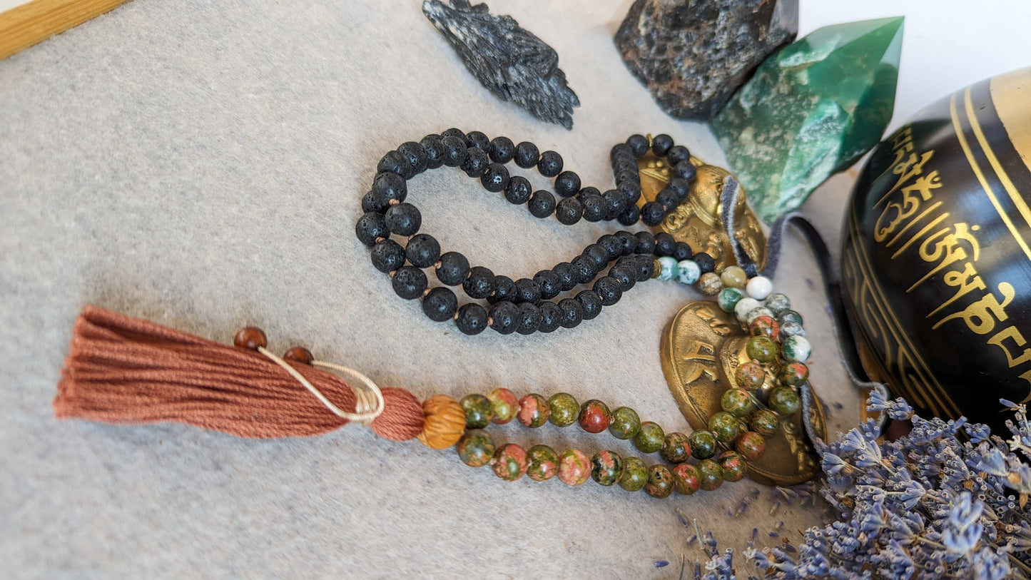 LAVA ROCK MALA, Grounding Beads for Meditation, 108 Japa Mala, Root and Heart Chakras Crystals, 108 Mala Beads Necklace, Yoga Mala