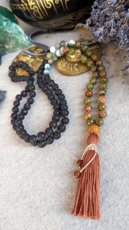 LAVA ROCK MALA, Grounding Beads for Meditation, 108 Japa Mala, Root and Heart Chakras Crystals, 108 Mala Beads Necklace, Yoga Mala