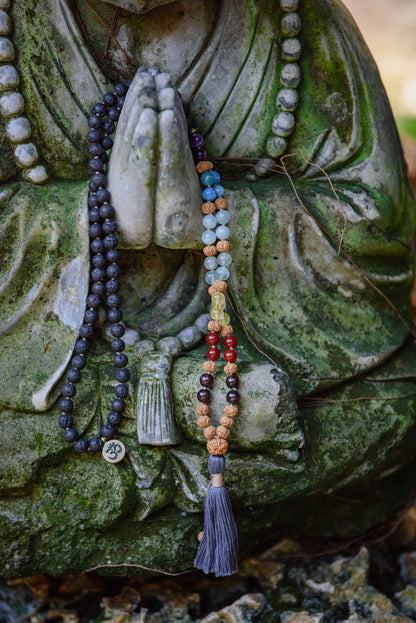 Mala, 7 Chakra Mala Necklace, Lava Rock Mala, 108 Mala Beads Necklace, Buddhist Prayer Beads, Reiki Healing Beads, Knotted Mala Necklace