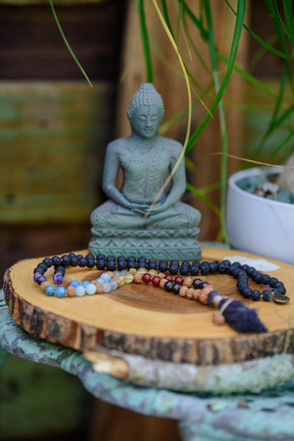 Mala, 7 Chakra Mala Necklace, Lava Rock Mala, 108 Mala Beads Necklace, Buddhist Prayer Beads, Reiki Healing Beads, Knotted Mala Necklace