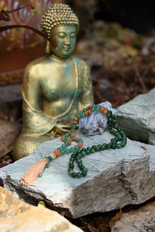 Rudraksha, Green Aventurine, and Jade Mala - Harmony, Growth, and Protection