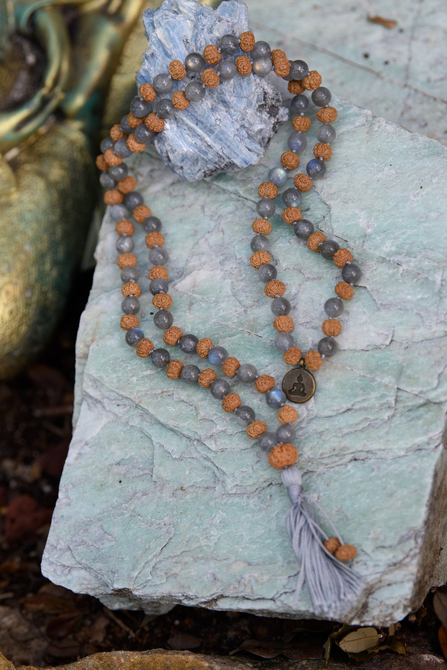 Labradorite and Rudraksha Seed Mala - Transformation, Protection, and Spiritual Growth