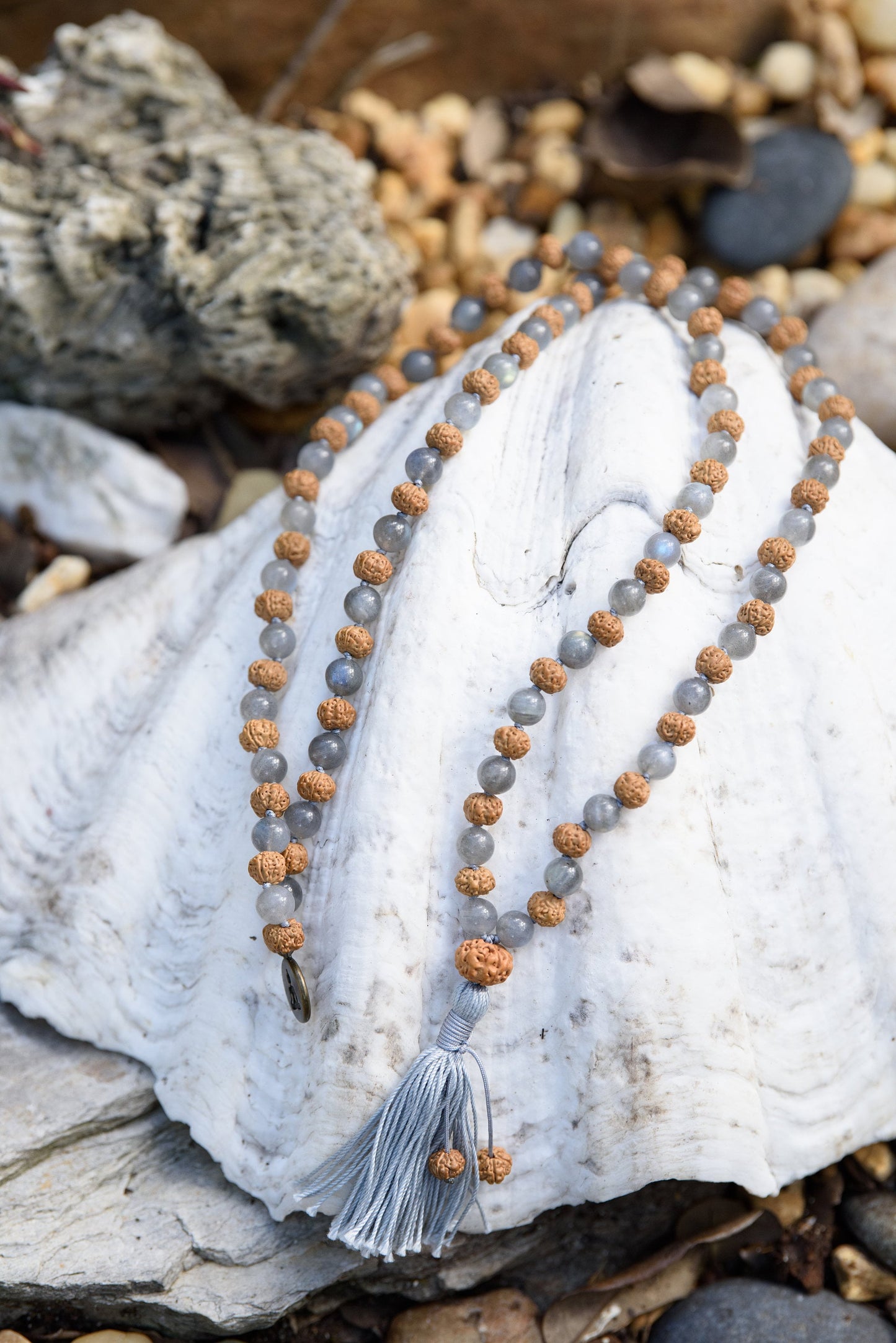 Labradorite and Rudraksha Seed Mala - Transformation, Protection, and Spiritual Growth