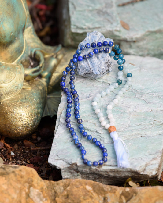 Wisdom & Intuition Mala - Lapis Lazuli, Aquamarine, Moonstone & Apatite - Handmade, Reiki-Infused, 108 Beads