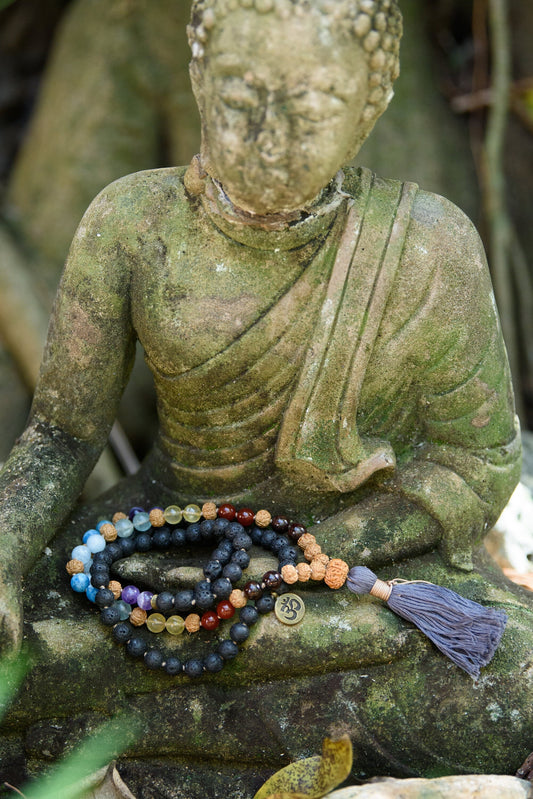 Mala, 7 Chakra Mala Necklace, Lava Rock Mala, 108 Mala Beads Necklace, Buddhist Prayer Beads, Reiki Healing Beads, Knotted Mala Necklace